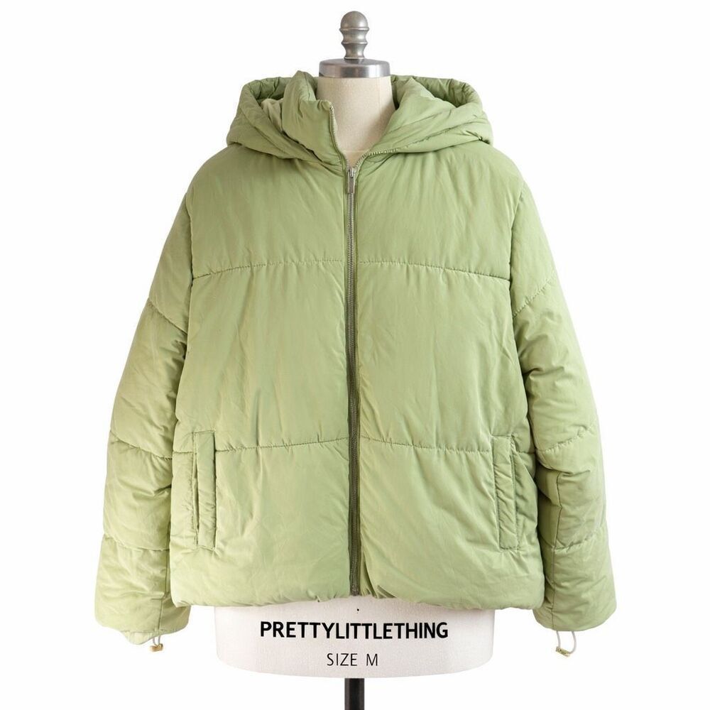 PrettyLittleThing Sage Green Puffer Jacket Hooded Zip Front Size M